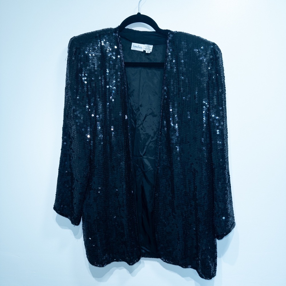 Vintage 80's Neiman Marcus Black Sequin Silk Jacket Size Small‎